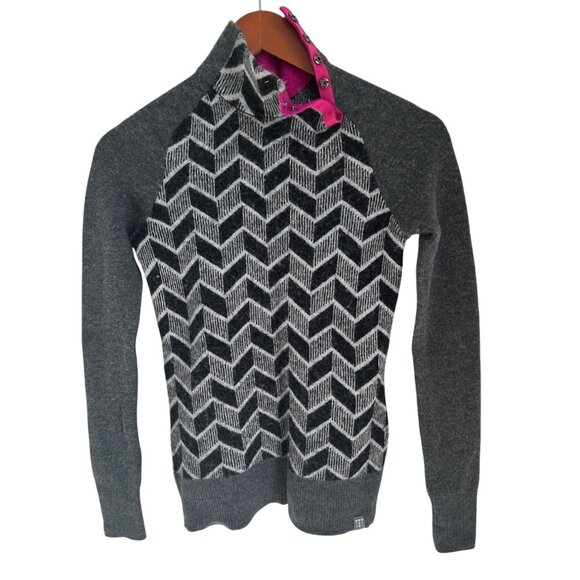 Title Nine Womens Merino Wool Pullover Sweater Small Gray Chevron & Pink - Picture 1 of 7